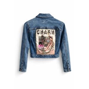 Timmy Woods Denim Jacket Cropped Y2K Glam “CHARM” Graphic Embellished Back XS